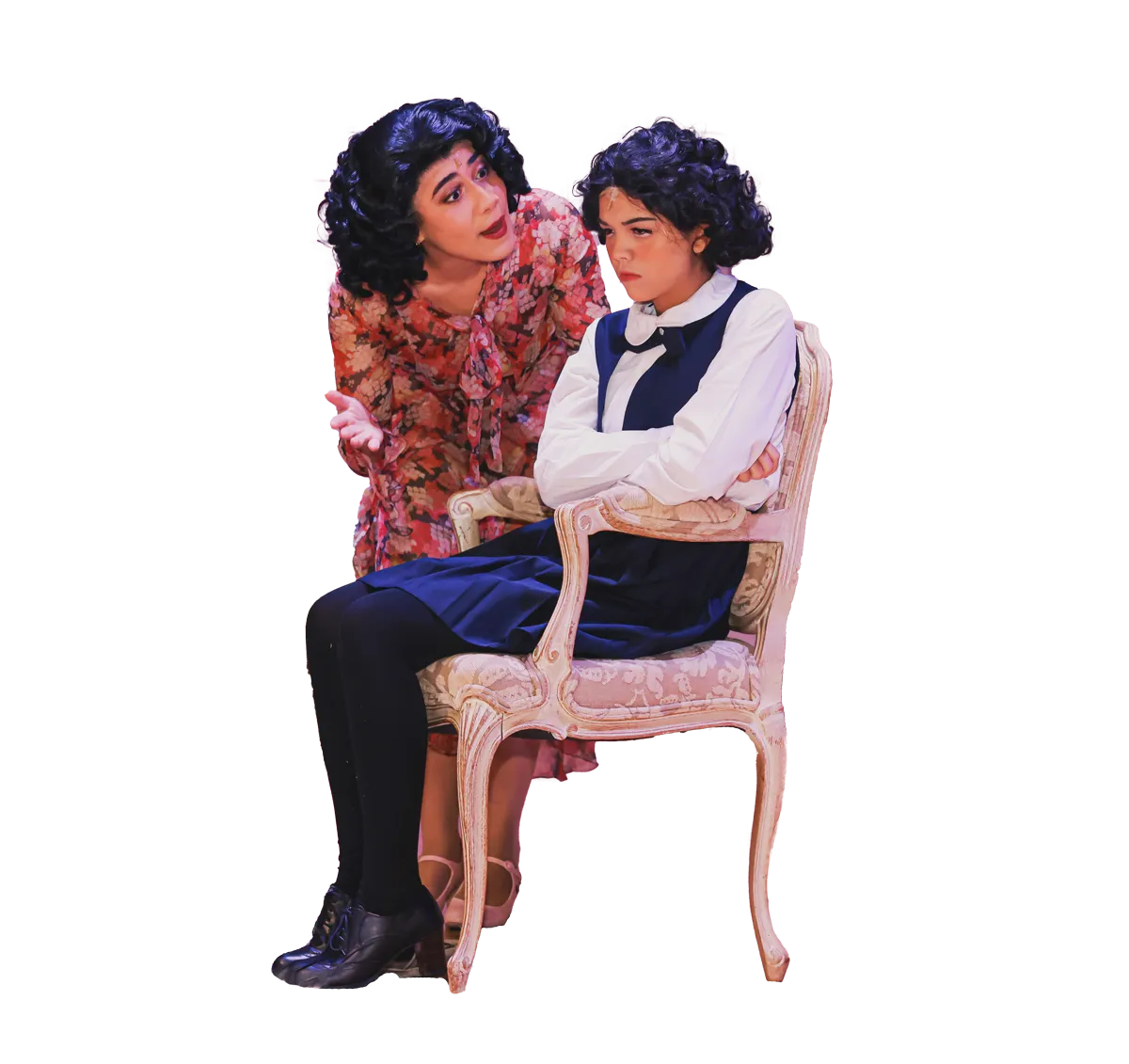 2 female students acting, one acting as a mother and another one as a daugther
